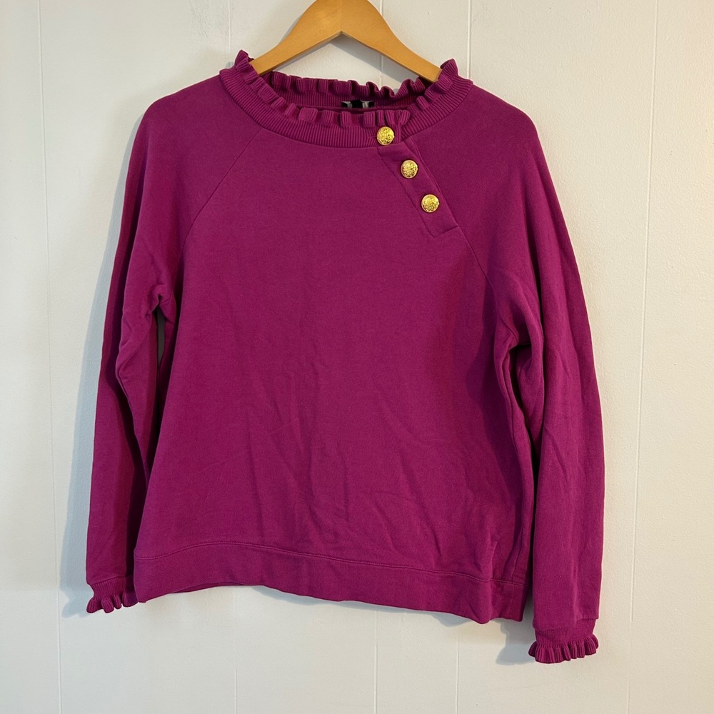 Talbots Petite Fuchsia Ruffle Neck‎ Button Detail Sweatshirt MP